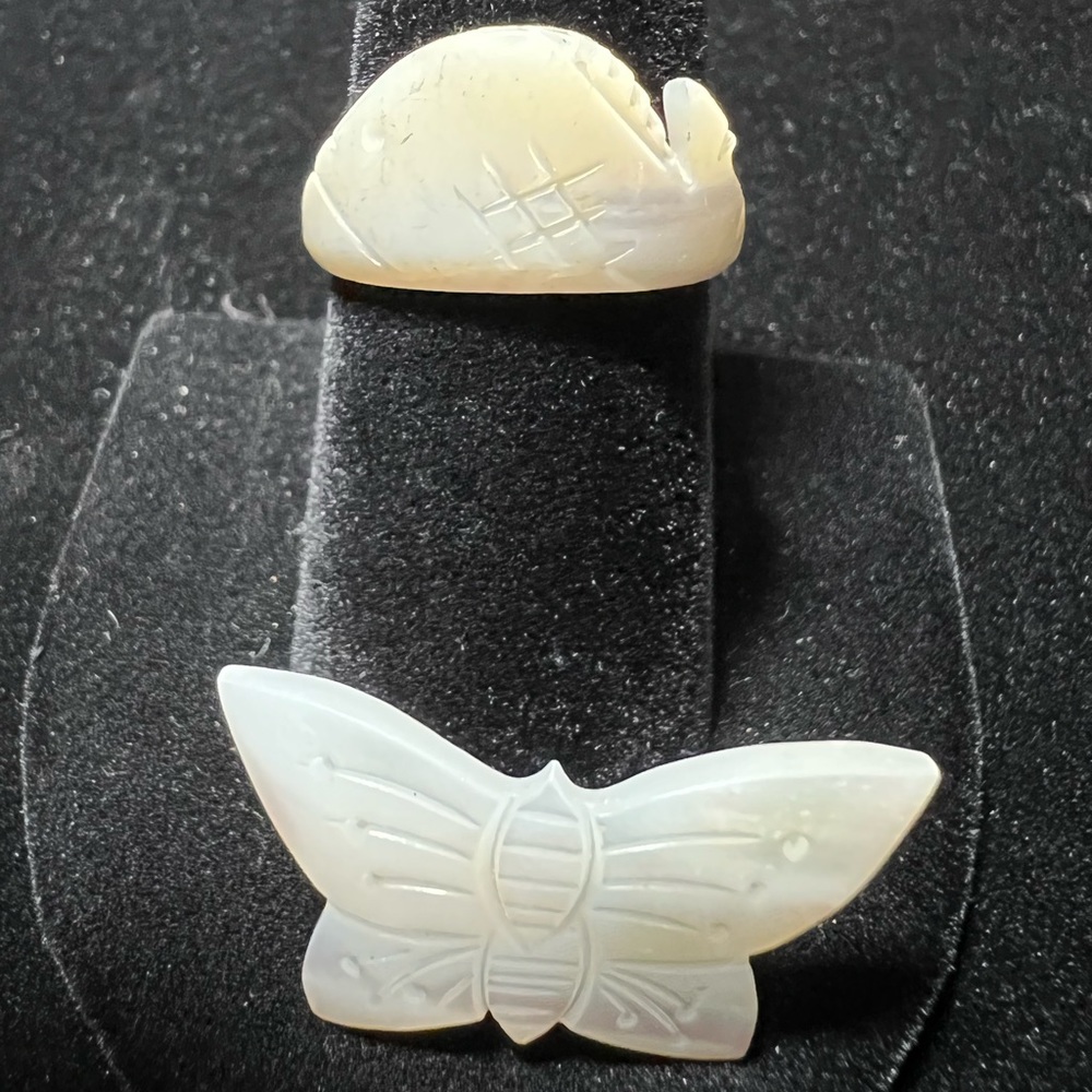 Vintage mother of pearl iridescent shell carved fish &  Butterfly Pin